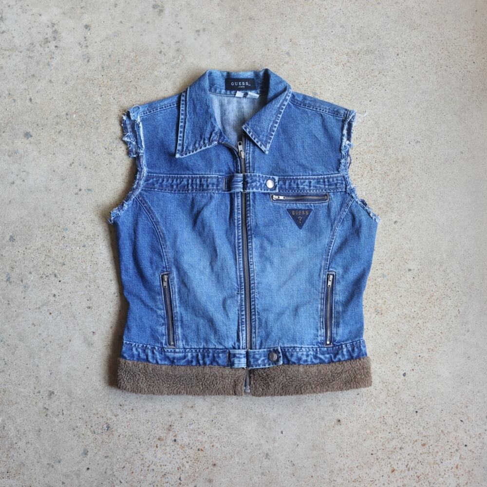 Vintage Y2K GUESS Denim Sherpa Lined Moto Vest Cropped Utility M